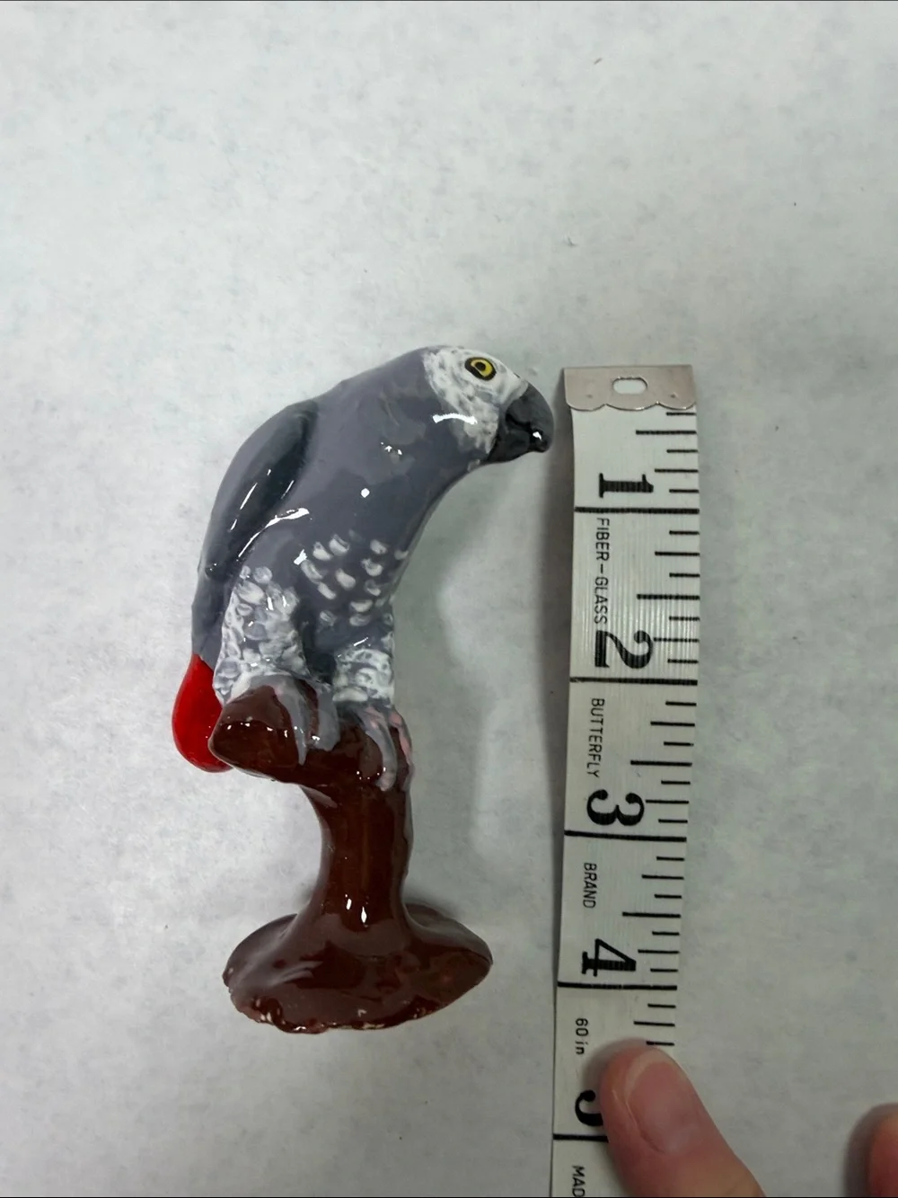 Artisan African Grey Parrot on Perch Signed Pottery Handmade Hand Painted 3.5”